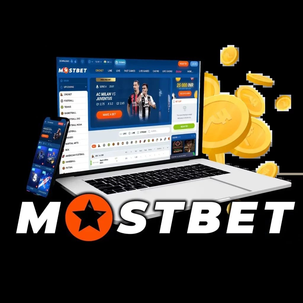 Mostbet sportsbook and online casino promotional artwork showing betting slips, football and casino tables