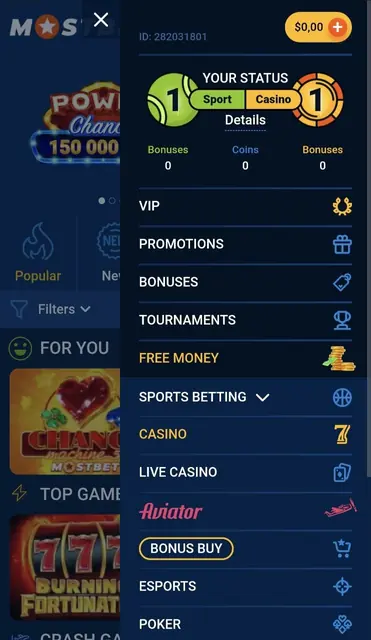 Account menu: VIP, promotions, bonuses, tournaments, sportsbook, casino, live casino, esports and poker in one drawer.