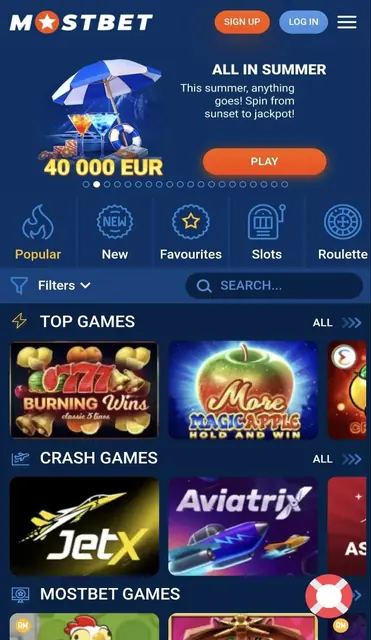 Casino lobby before sign-in, showing the Top Games and Crash Games rails.