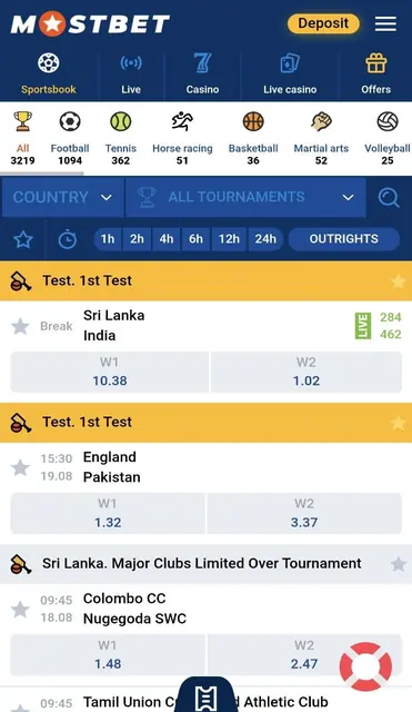 Mostbet sportsbook filters showing football, tennis, horse racing, basketball, martial arts and volleyball with live event counts