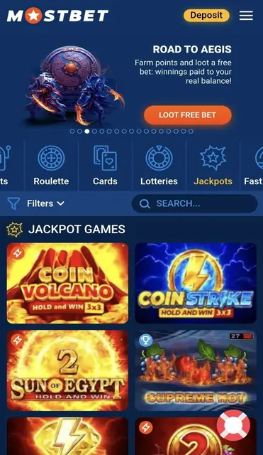 Jackpots tab, filtered to titles carrying a progressive prize pool.