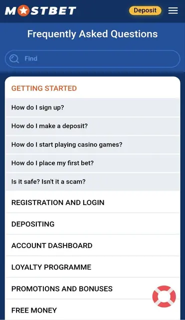 In-app help centre grouped by task: getting started, depositing, account dashboard and promotions.