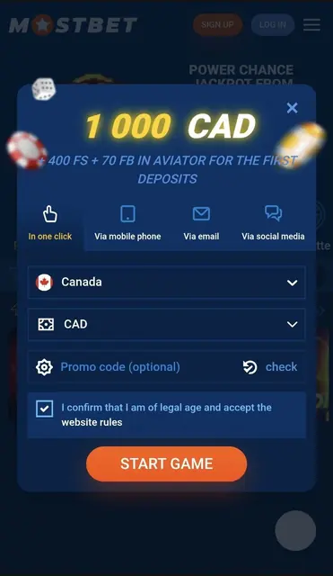 Registration sheet with Canada and CAD selected, a promo-code field and the age confirmation checkbox.