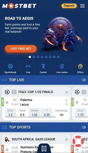 Live in-play view with over/under, totals and handicap markets on an in-progress match.